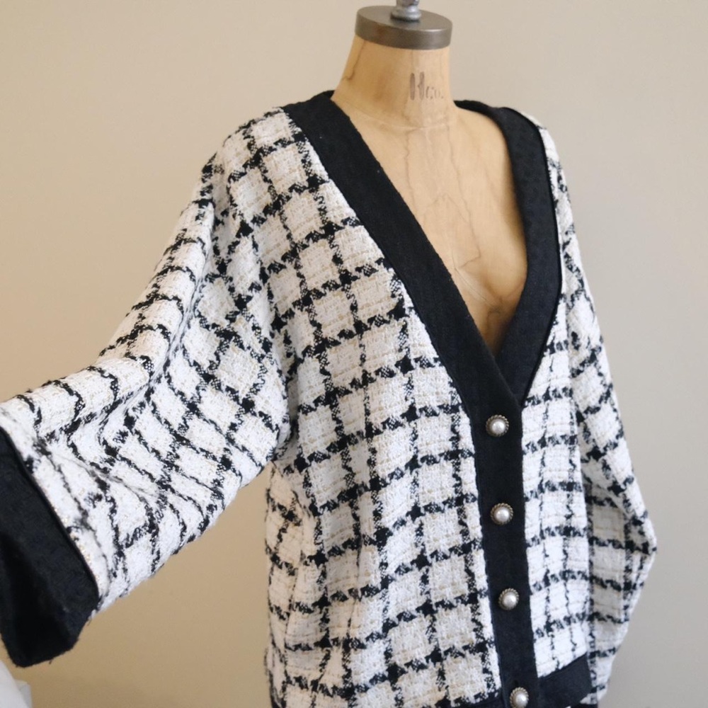 SISTER JANE Oversized Checked Tweed Cardigan.
